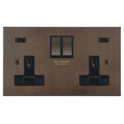 Ambassador Square Switched Socket Outlet USB-C+C Charger 2 gang 13 amp Chocolate Bronze