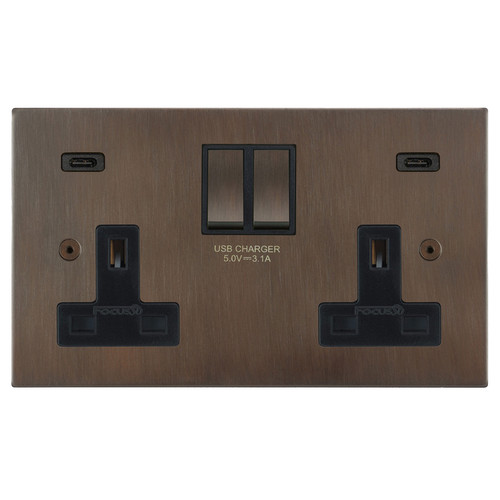 Ambassador Square Switched Socket Outlet USB-C+C Charger 2 gang 13 amp Chocolate Bronze