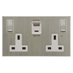 Horizon Square Switched Socket Outlet USB-A+C Charger 2 gang 13 amp Satin Nickel