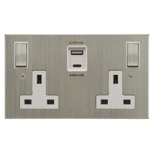 Horizon Square Switched Socket Outlet USB-A+C Charger 2 gang 13 amp Satin Nickel