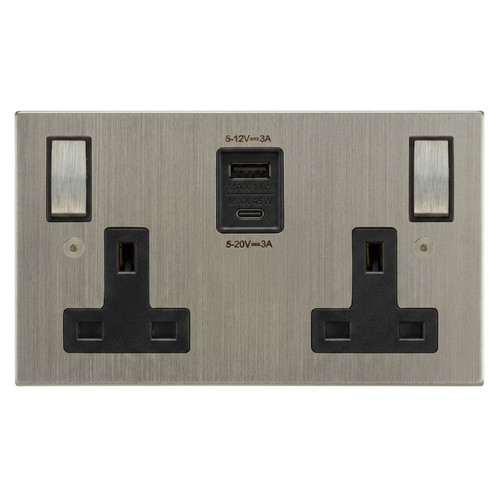Horizon Square Switched Socket Outlet USB-A+C Charger 2 gang 13 amp Satin Nickel