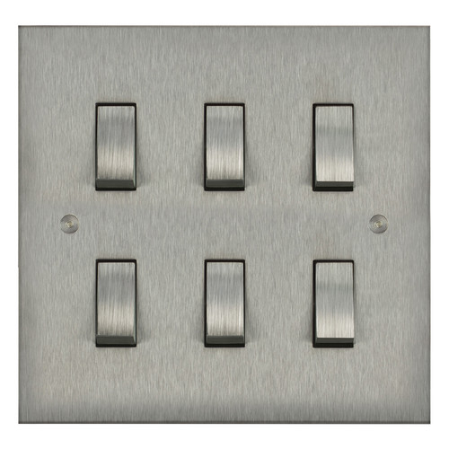 Horizon Square Rocker Switch 6 gang 20 amp 2 way (MK893) Satin Stainless Steel
