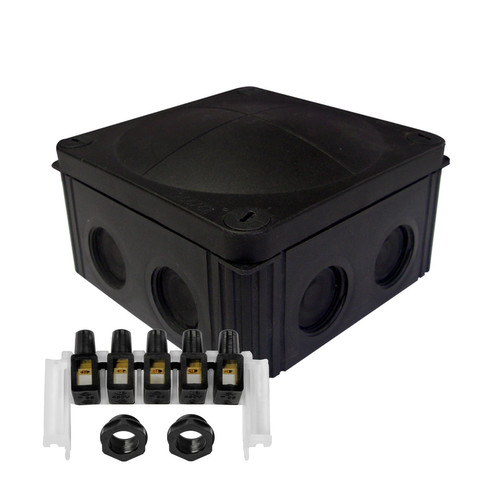 Waterproof Junction Box M25 5-Pole Connector Block (110x110x66 mm) 8 Ways Threaded Membrane Entries Black