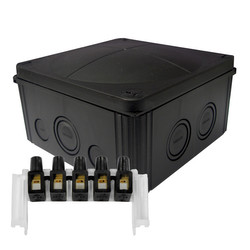 Waterproof Junction Box M20 / M25 / M32 5-Pole Connector Block (140x140x82mm) 10 Way - Variable Knockouts Black