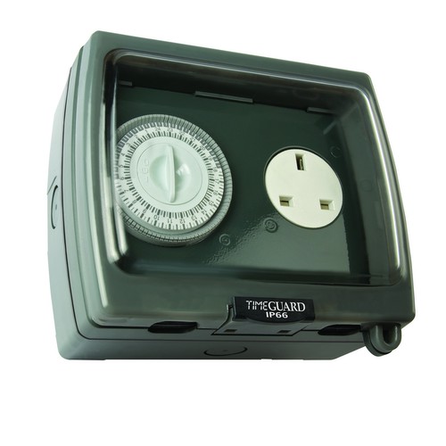 Weathersafe Vision Twin Gang 13A Timer and Socket 2 Gang Grey