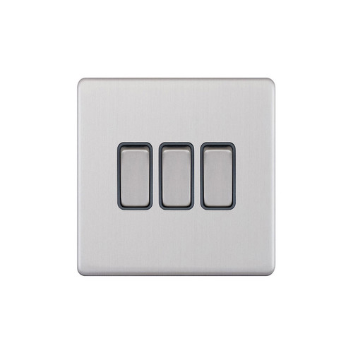 Rocker Switch Screwless 3 gang 10 amp 2 way Brushed Stainless