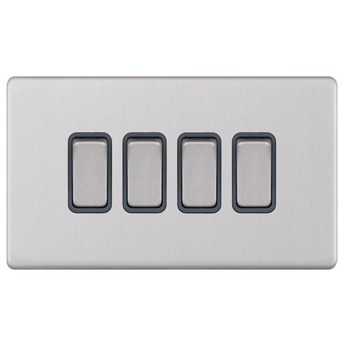 Rocker Switch Screwless 4 gang 10 amp 2 way Brushed Stainless
