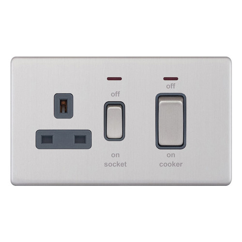 Cooker Switch Screwless 2 gang plate 45 amp cooker switch neon 13 amp socket outlet Brushed Stainless