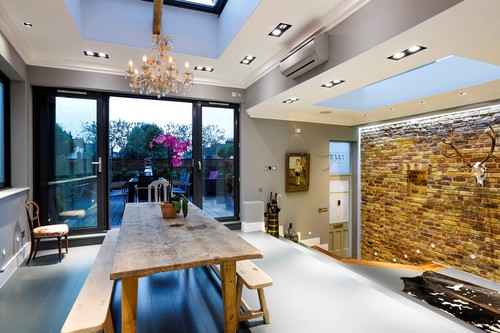 Trimless grid downlights in dining room