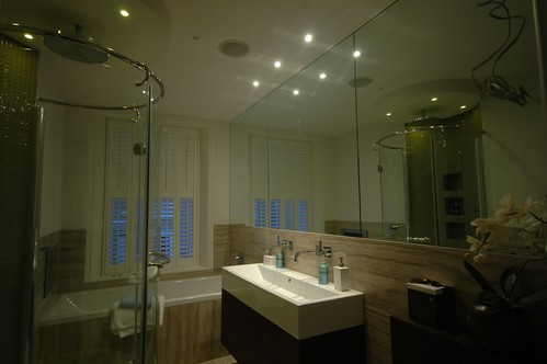 Colour change downlights in bathroom