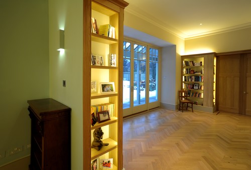 LED tape in shelving and plaster wall light