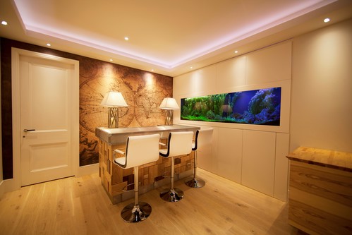 Lowered ceiling with recessed downlights and LED tape