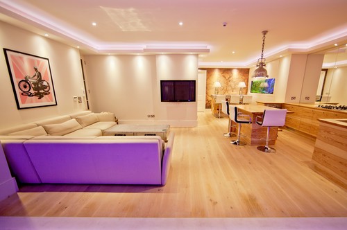Rock n roll downlights in open plan living and kitchen area