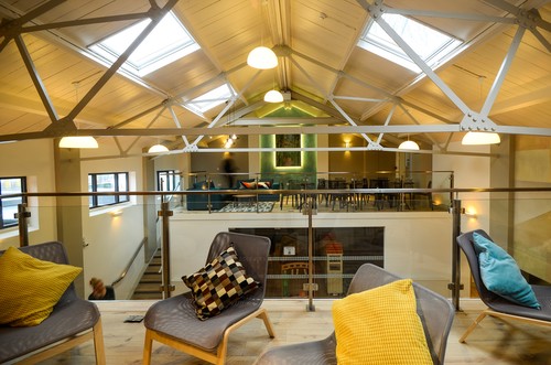 Pendant ceiling lights above mezzanine