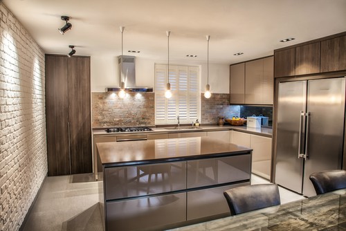 Grid trimless downlights with funk pendants over work surface
