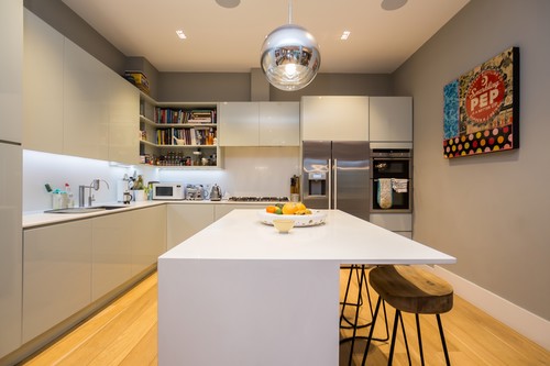 Bolio Pendant above island with  LED Tape lighting worktops