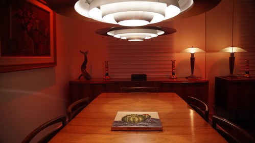 Retro pendants with RGBW downlights in dining room