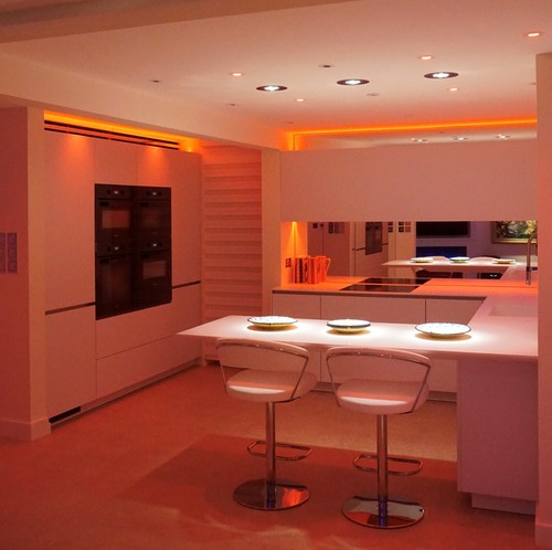 RGBW downlights and LED tape in kitchen