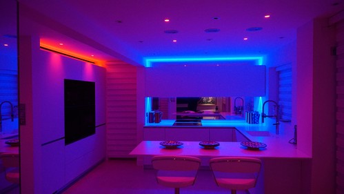 RGBW downlights and LED tape in kitchen