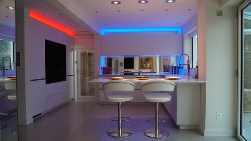 RGBW downlights and LED tape in kitchen