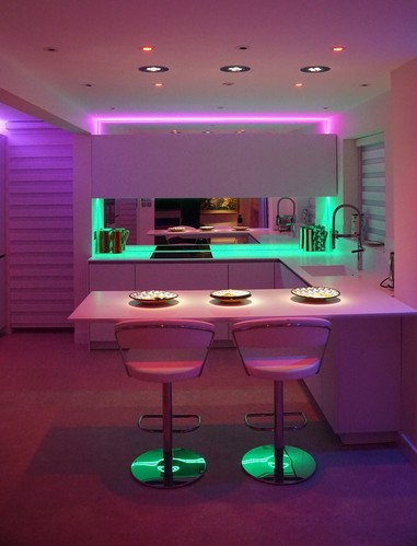 RGBW downlights and LED tape in kitchen